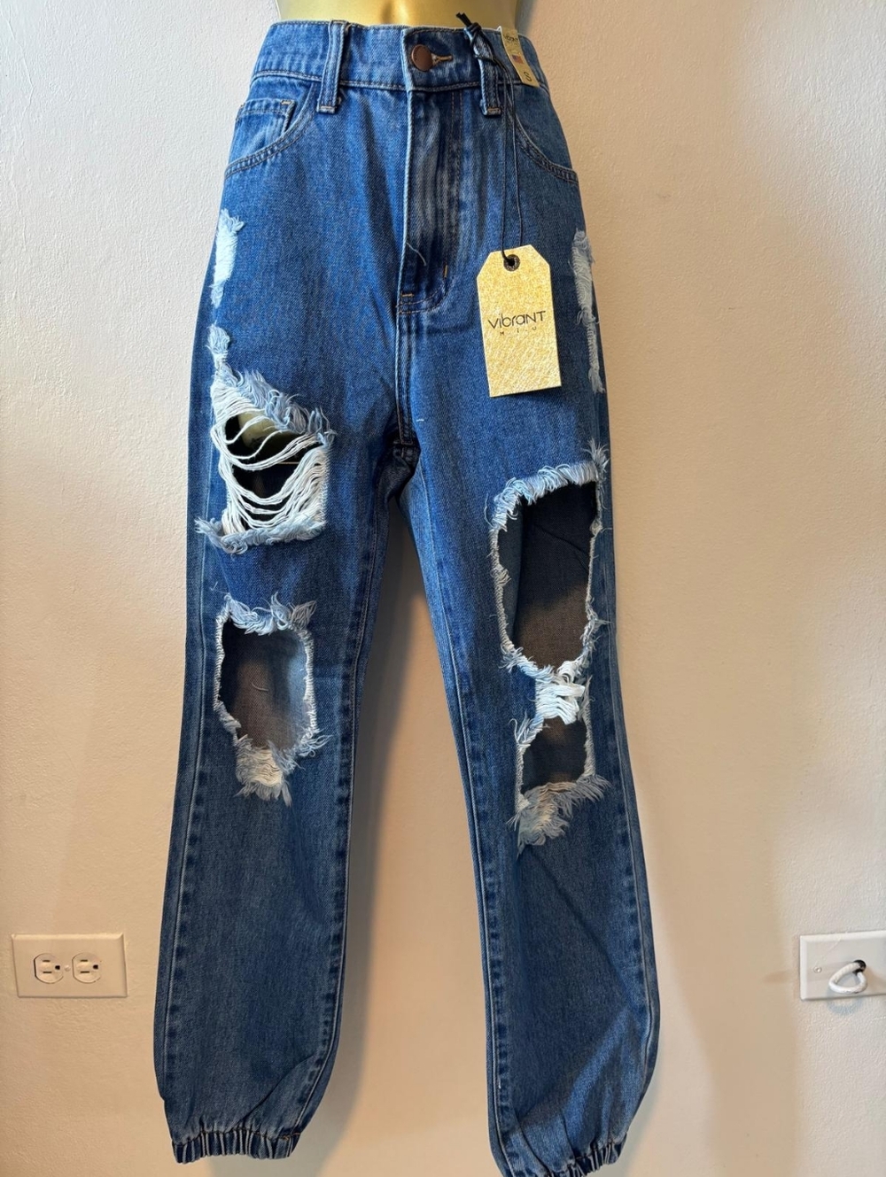 Vibrant Ripped Blue Boyfriend Jeans with Elastic Cuffs